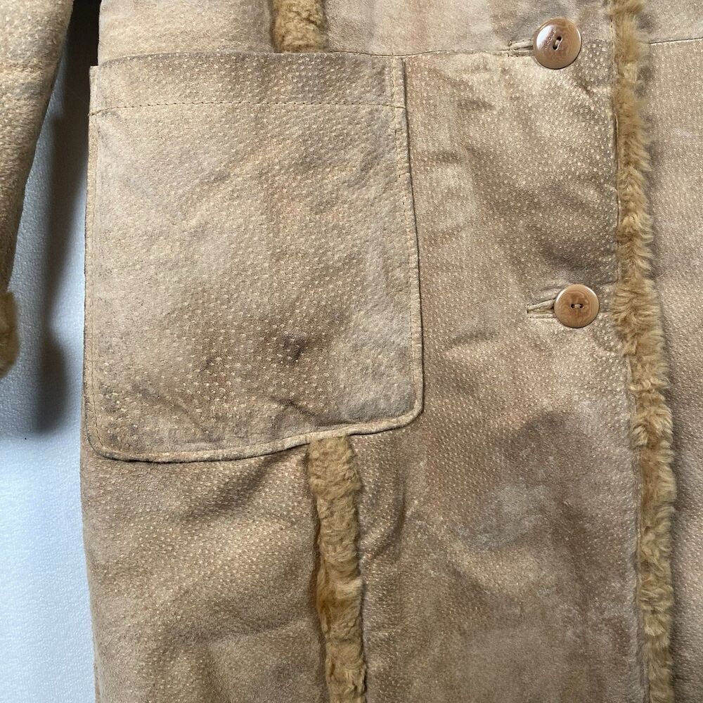 Vintage Nicole Miller Suede Leather Faux Shearling Long Coat Tan Y2K Women’s M - Picture 10 of 14